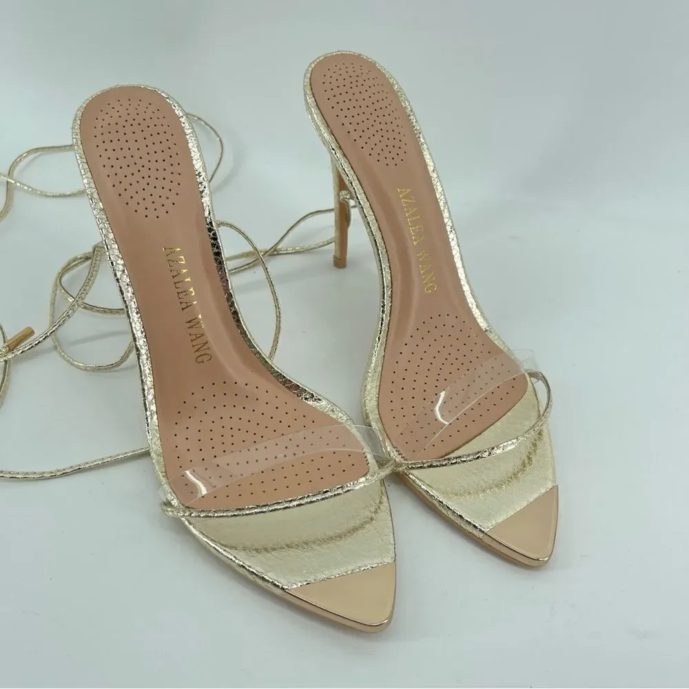 Azalea Wang Gold Clear Strap Lace Up Stiletto Heels Embossed Wrap Sandals 8.5